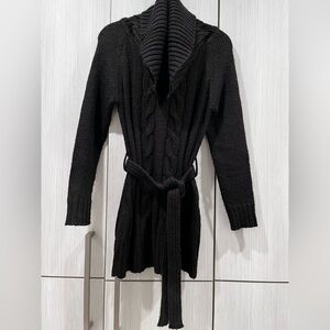 Mandala Cable Knit Belted Chunky Tunic Sweater Cowl Neck Brown Wool Blend Medium